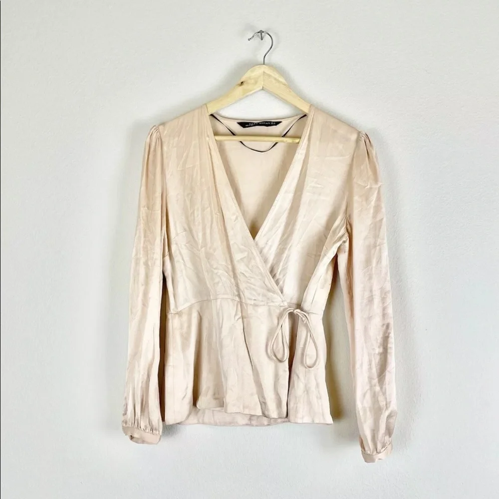 Zara Blouse Small Womens Pink Satin V-Neck Long Sleeve Genuine Wrap Top Viscose - Picture 11 of 12